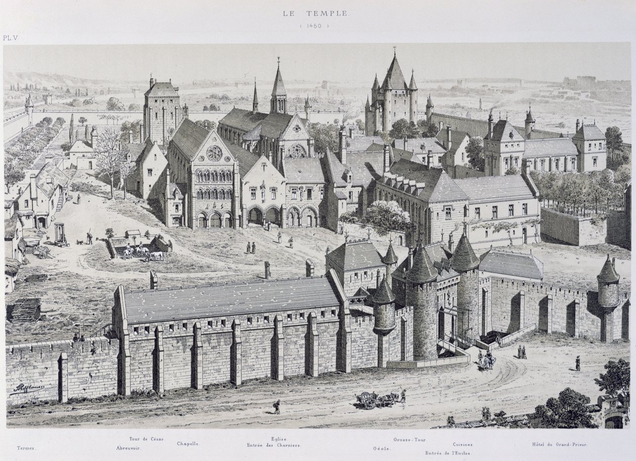 Utsikt över templet 1450, illustration från "Paris Through The Ages", 1885 av Theodor Josef Hubert Hoffbauer