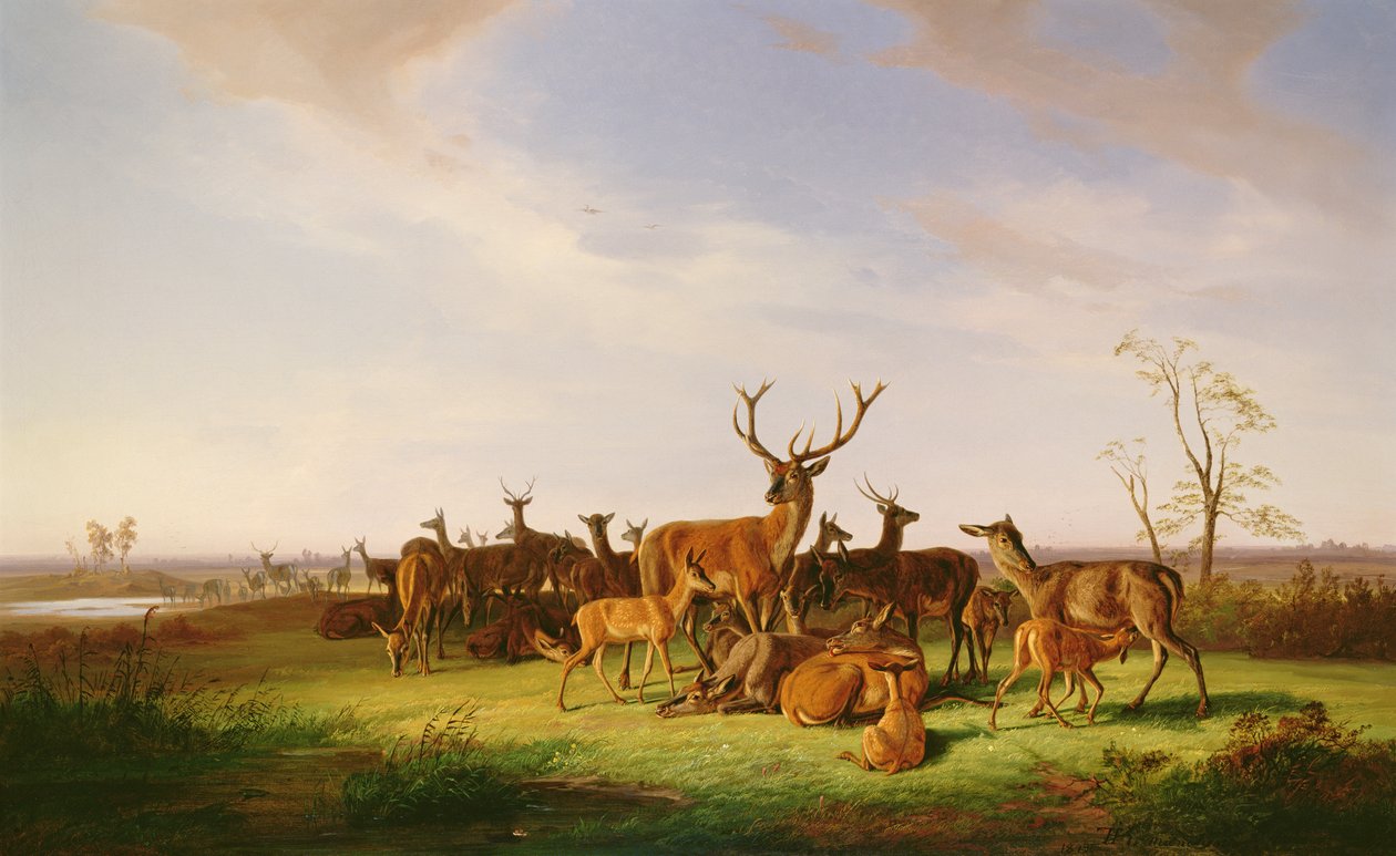 En flock rådjur i en solbelyst hage av Theodor Julius Kiellerup
