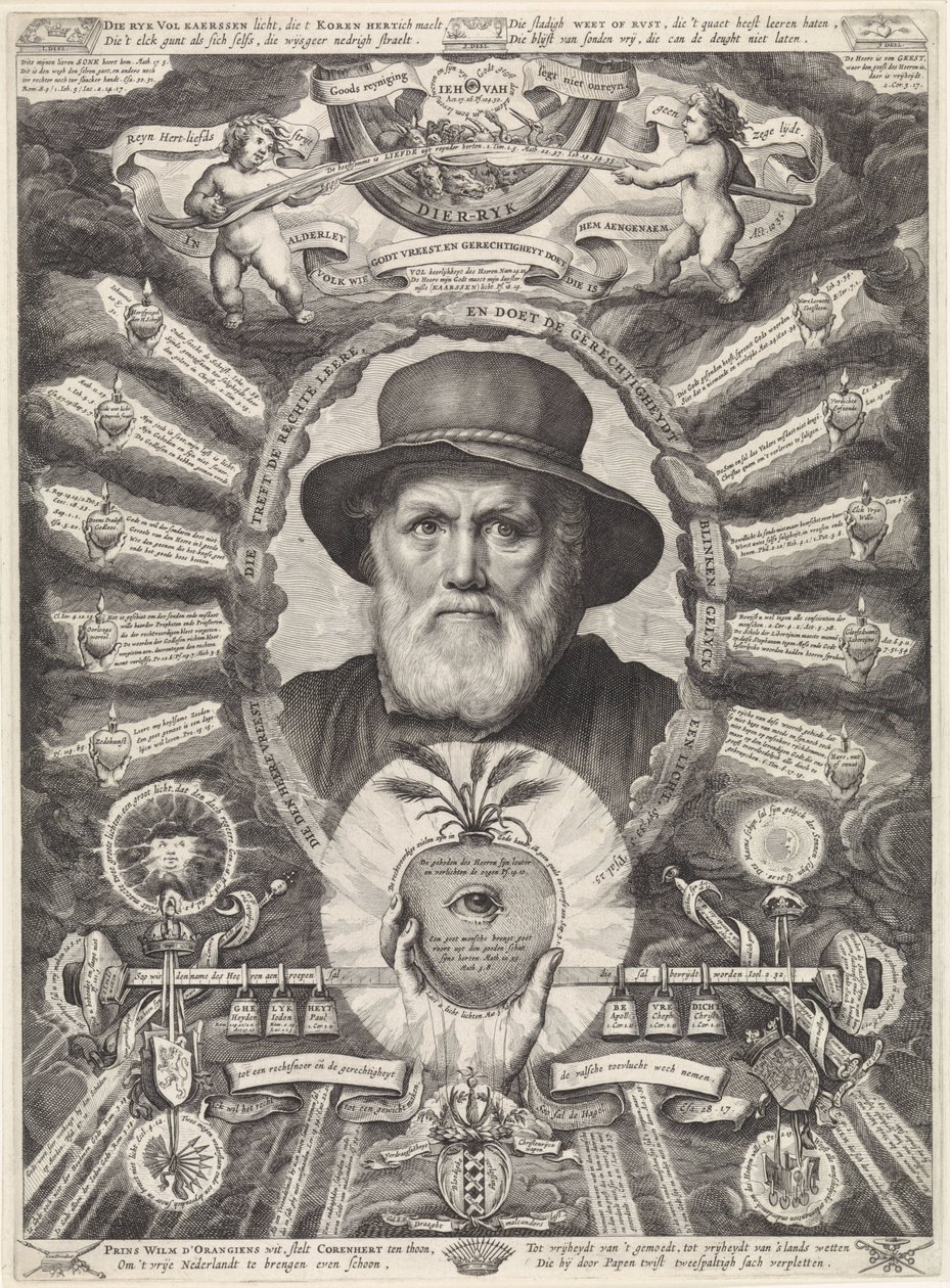 Porträtt av Dirck Volckertsz. Coorndeer i allegorisk ram av Theodor Matham