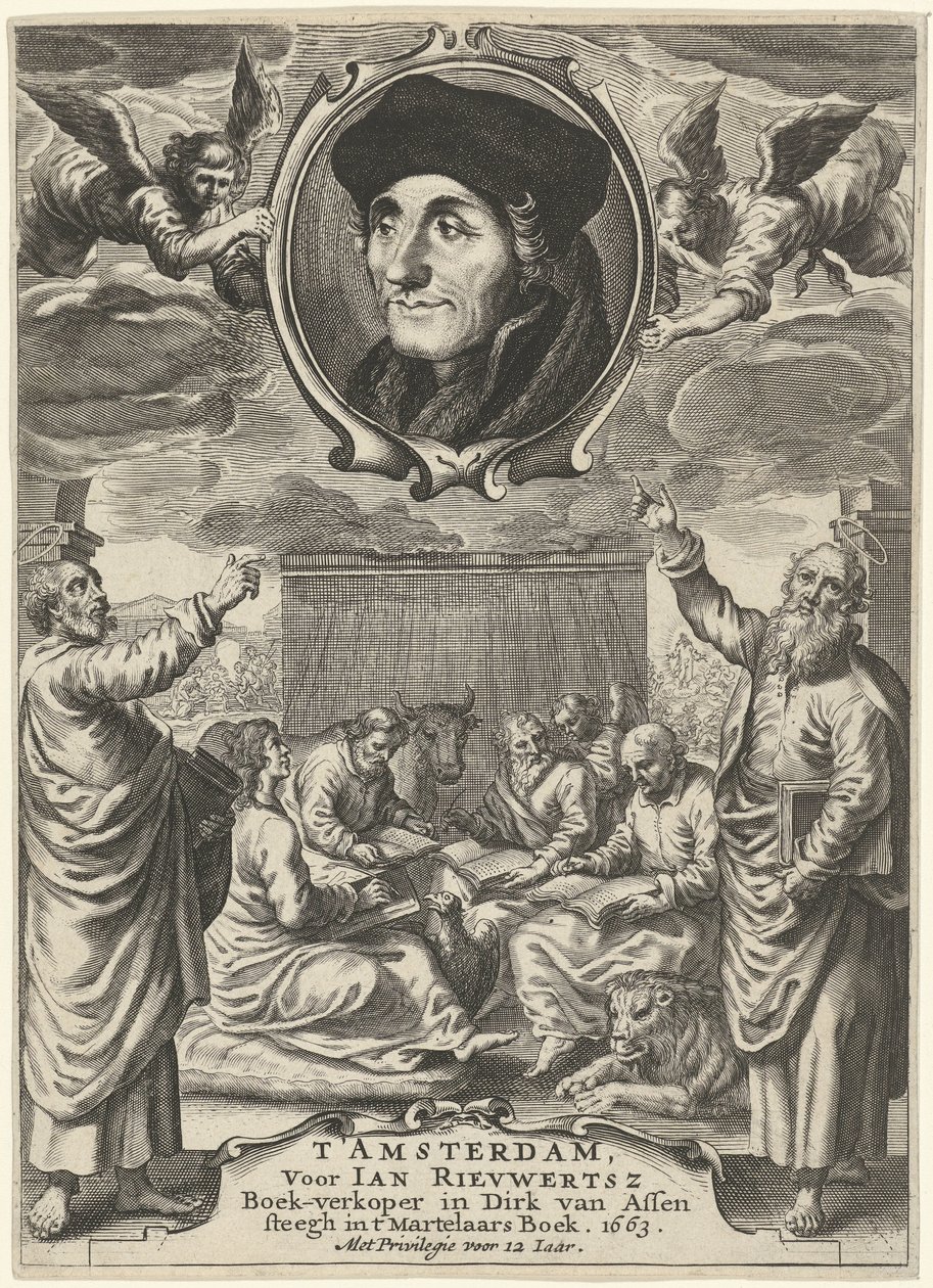 Porträtt av Erasmus ovanför fyra evangelister av Theodor Matham