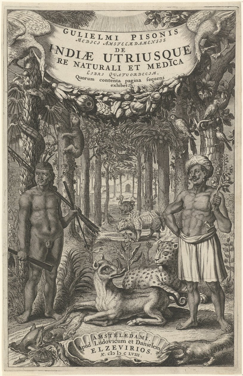Två män och vilda djur framför en skog Titelsida för: Indiae Utriusque, 1658 av Theodor Matham
