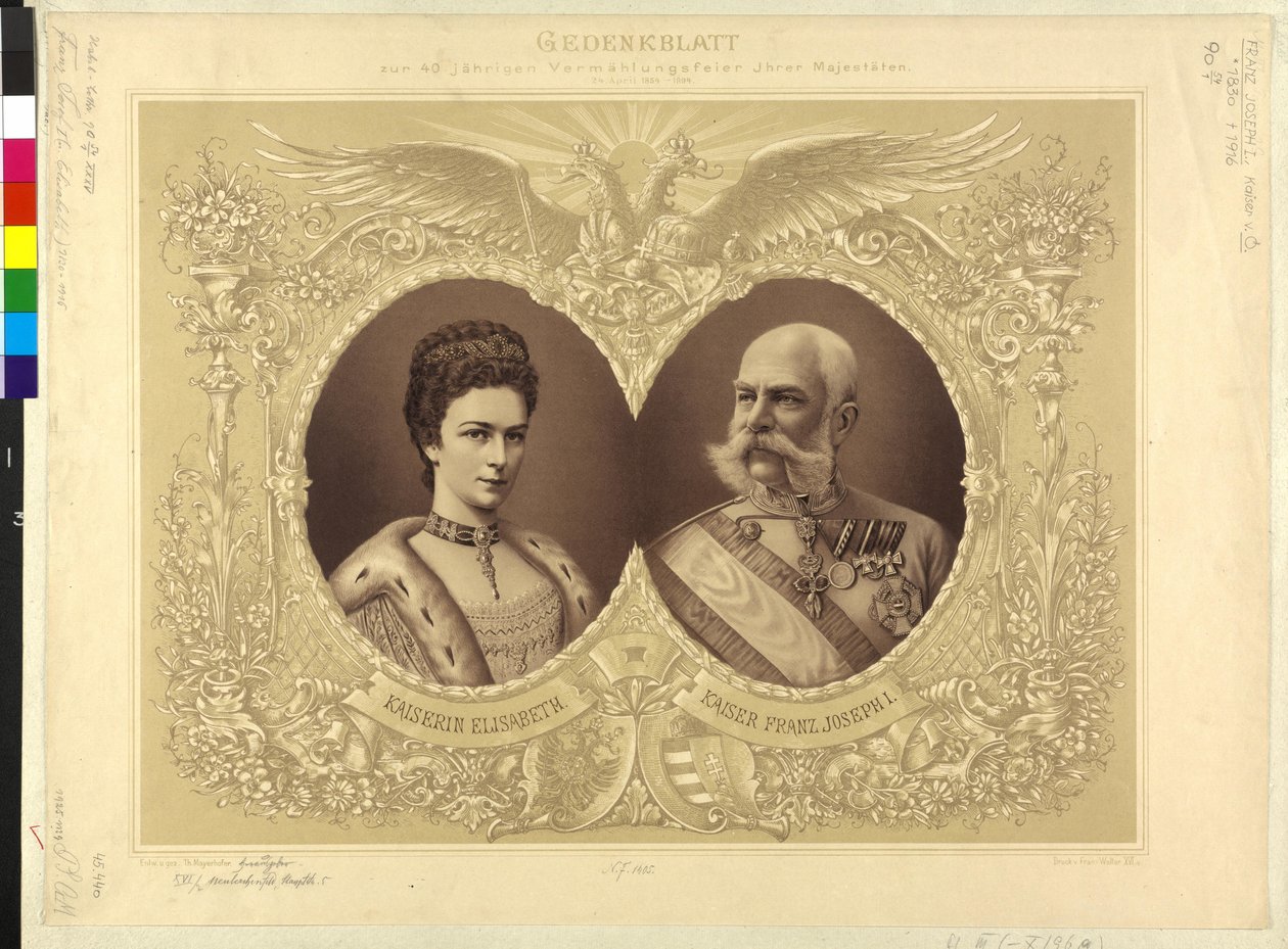 Kejsare av Österrike med familj Minnespapper från 40-årsdagen av bröllopsceremonin Hennes Majestät 24. April 1854 1894 av Theodor Mayerhofer