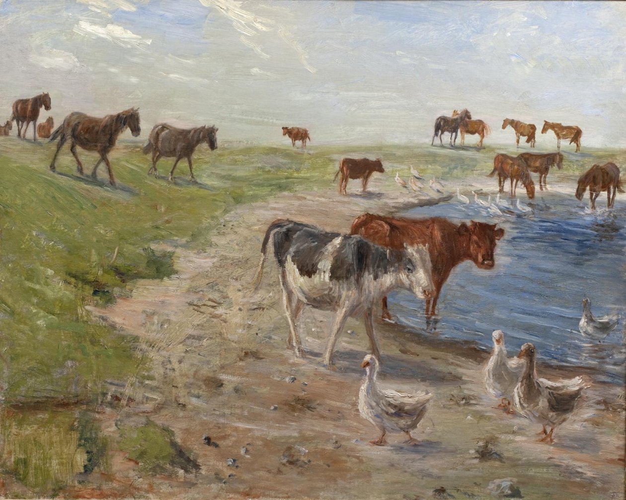 Kalvar och gäss vid ett vattenhål på ön Saltholm av Theodor Philipsen