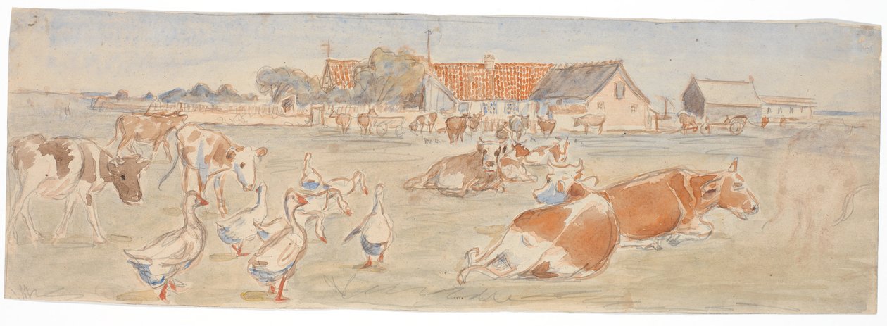 Kor och gäss på Nyværk på Saltholm (utkast till stansskålsdekoration) av Theodor Philipsen