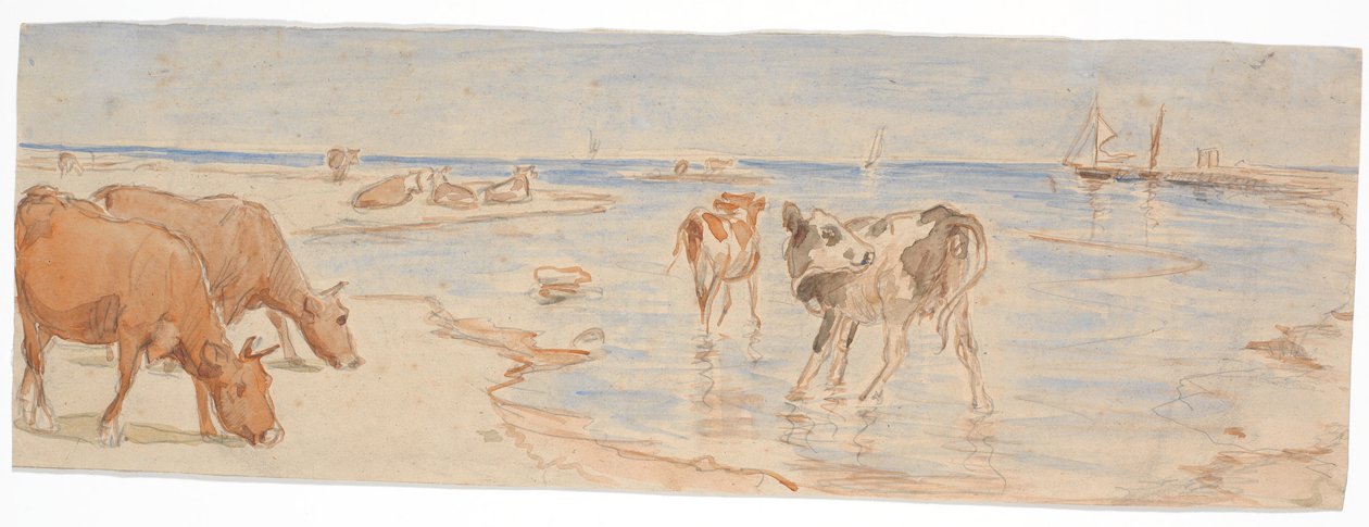 Kor och kalvar nära ombordstigningsplatsen på Saltholm (utkast till punch bowl dekoration) av Theodor Philipsen