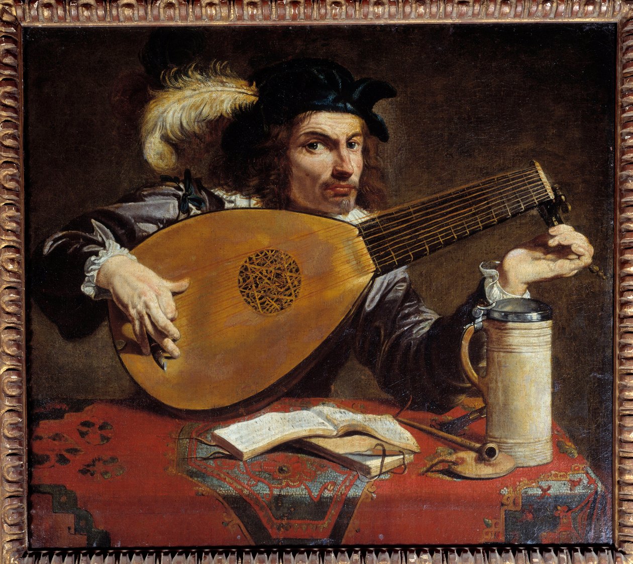 Man som stämmer sin luta. Målning av Theodore Rombouts (1597 - 1637) Ec. Flam. av Theodor Rombouts
