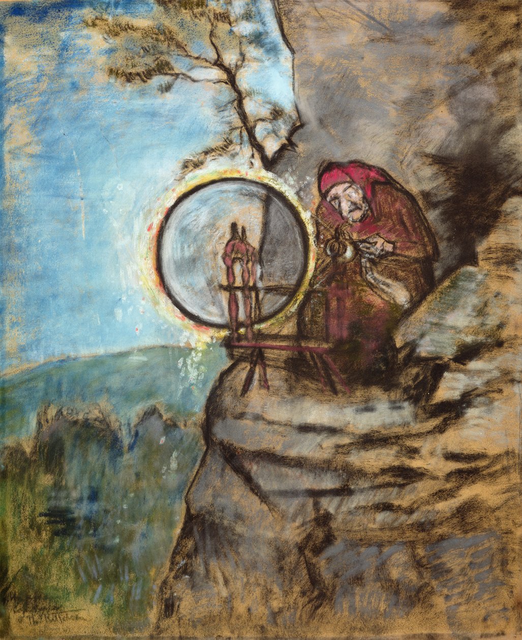 Häxan som snurrade strumpor åt gamle Erik (färgad pastell på papper) av Theodor Kittelsen