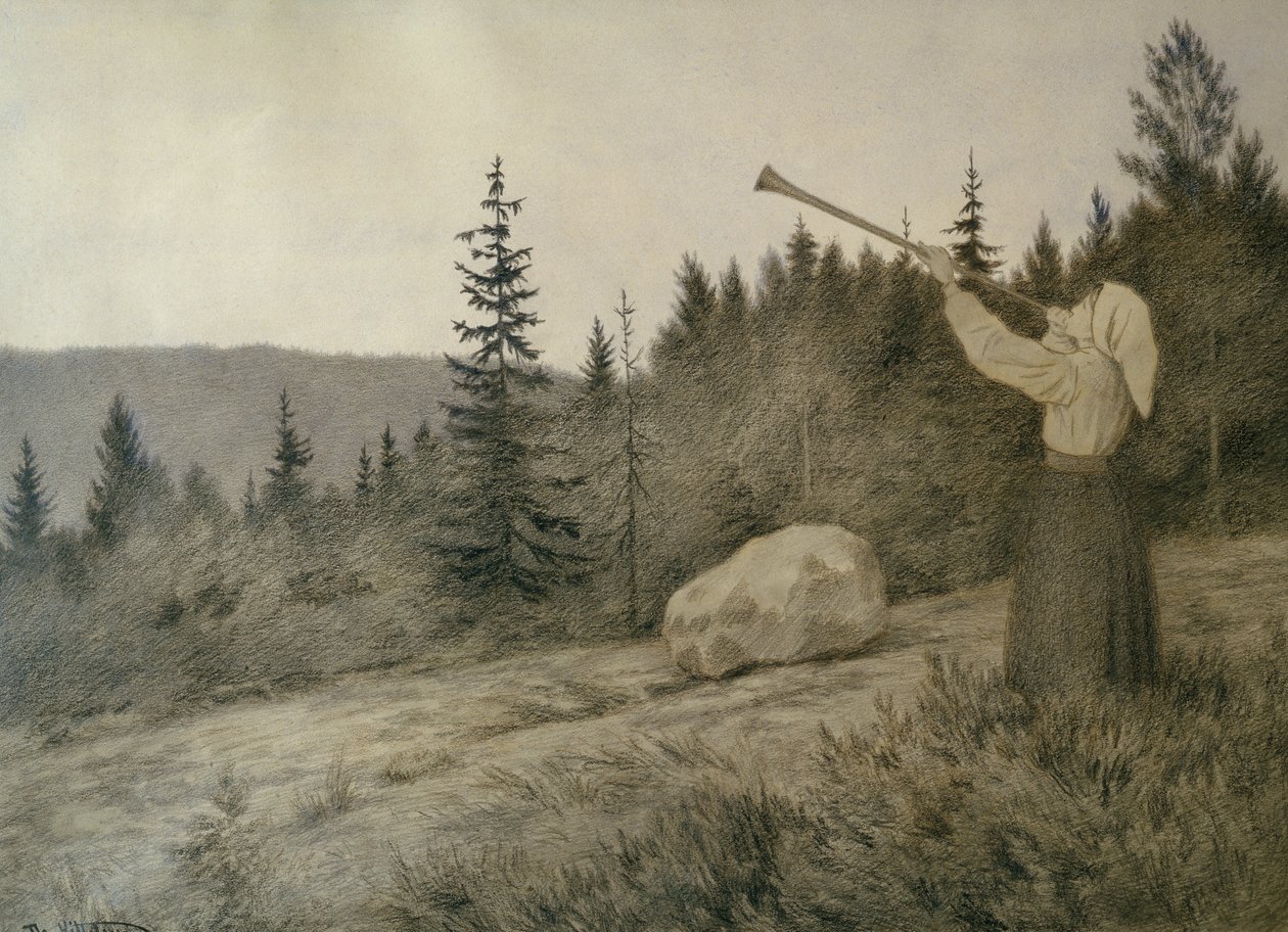 Uppe under berget låter ett träblåsinstrument av Theodor Kittelsen