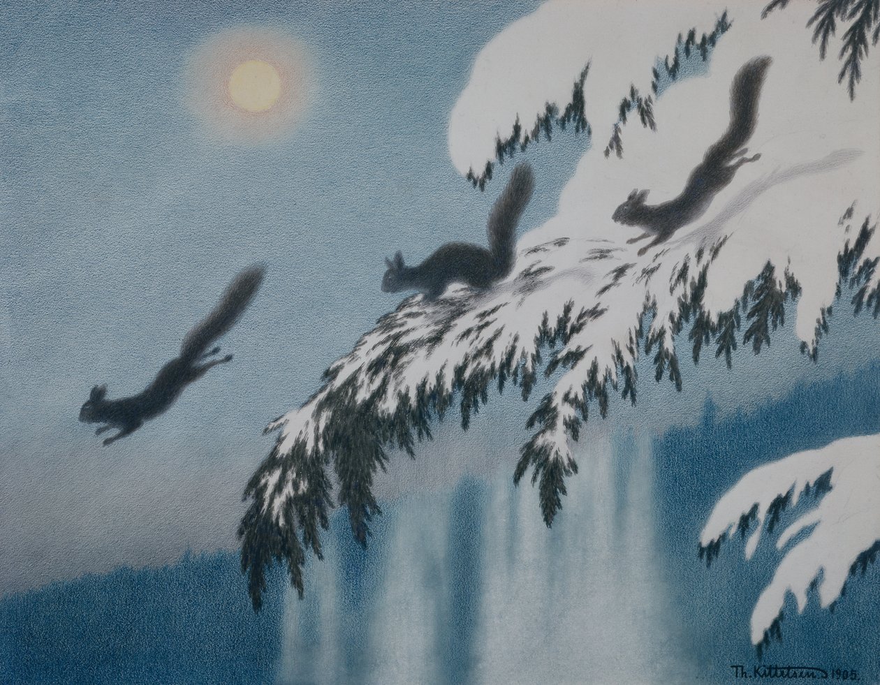 Vinterkväll - ekorre på flykt av Theodor Kittelsen