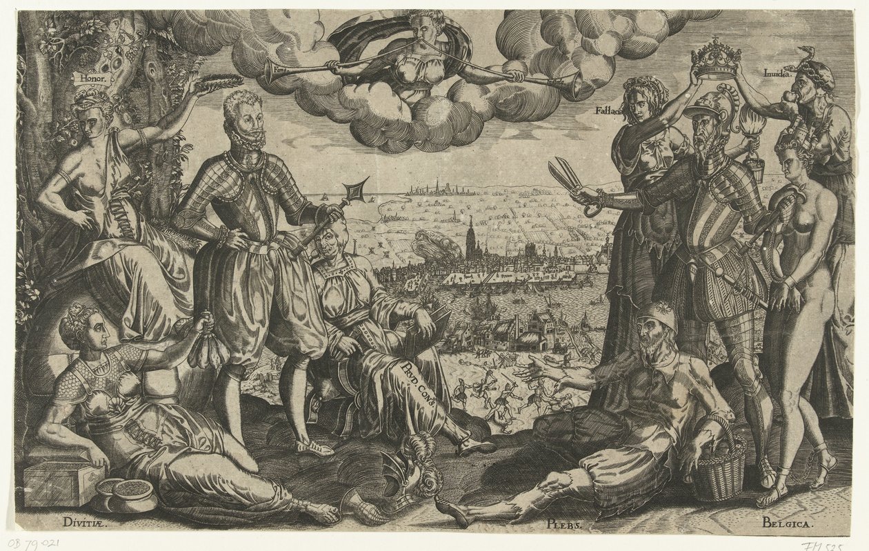 Jämförelse mellan Oranje och Alva, med Spanska Fury i bakgrunden, ca 1577 av Theodor de Bry (attributed to)