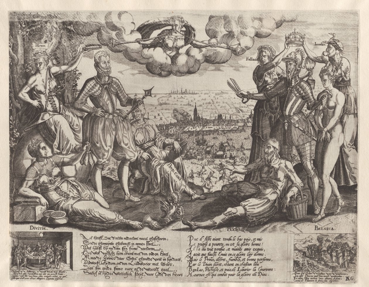 Jämförelse mellan Oranje och Alva, med Spanska Fury i bakgrunden, ca 1577 av Theodor de Bry (attributed to)