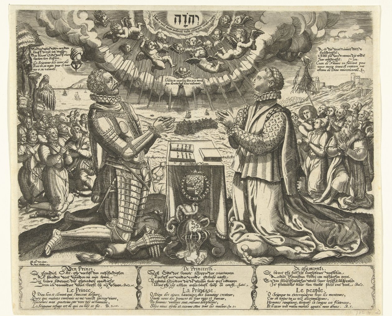 William av Orange och Charlotte av Bourbon knäböjer i landskapet av Theodor de Bry (attributed to)