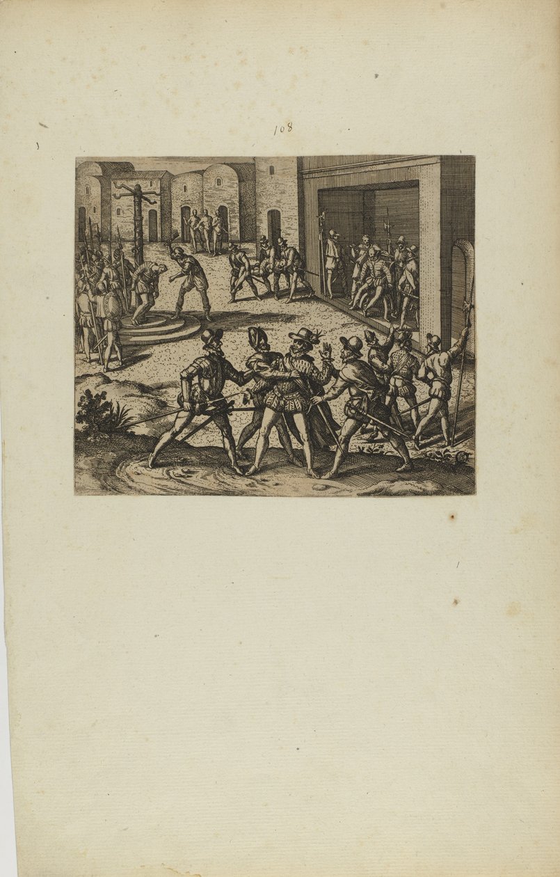 (Jacobus Almagrus a Ferdinando Pizarro Invincula Coniicitur in Carcere....) (från boken, Americae, del sex) av Theodor de Bry