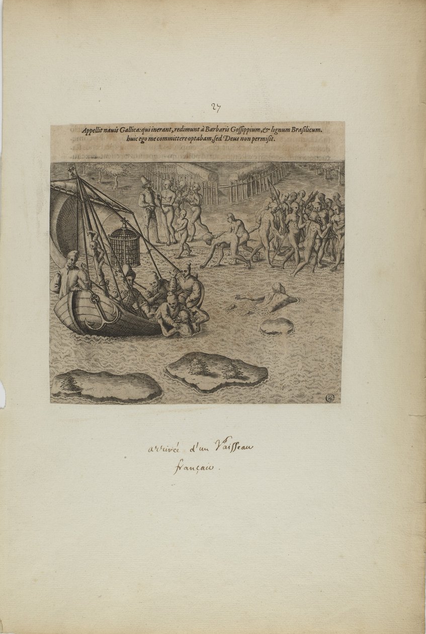 Appellit navis gallicai: qui inerant, redimunt a barbaris gossip pium ... (från boken Americae, del tre) av Theodor de Bry
