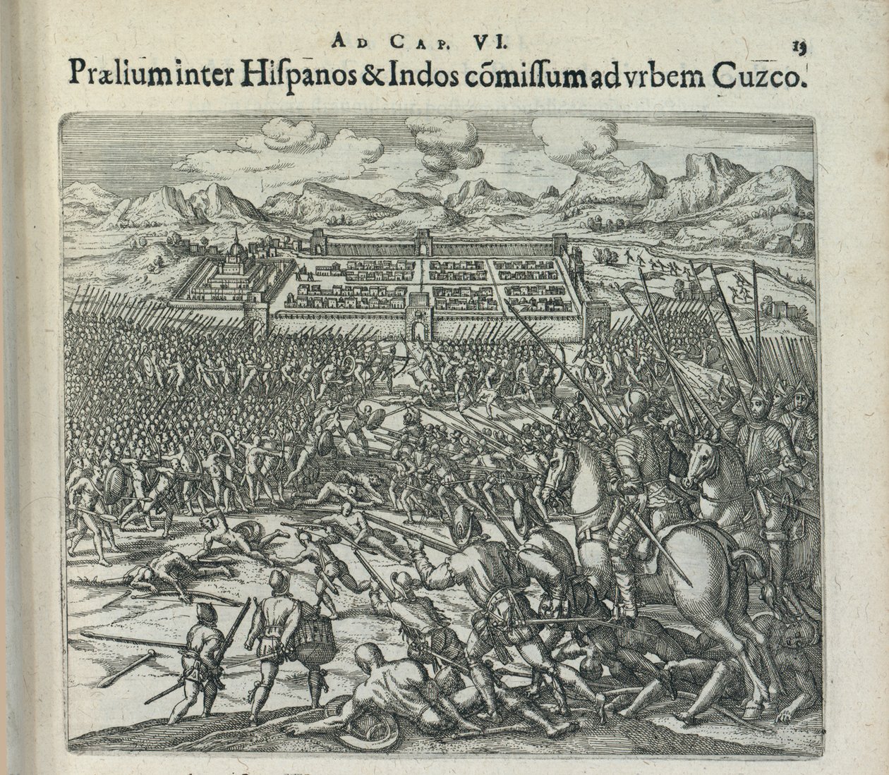 Strid mellan spanjorerna och indianerna vid grindarna i Cuzco, 1596. av Theodor de Bry