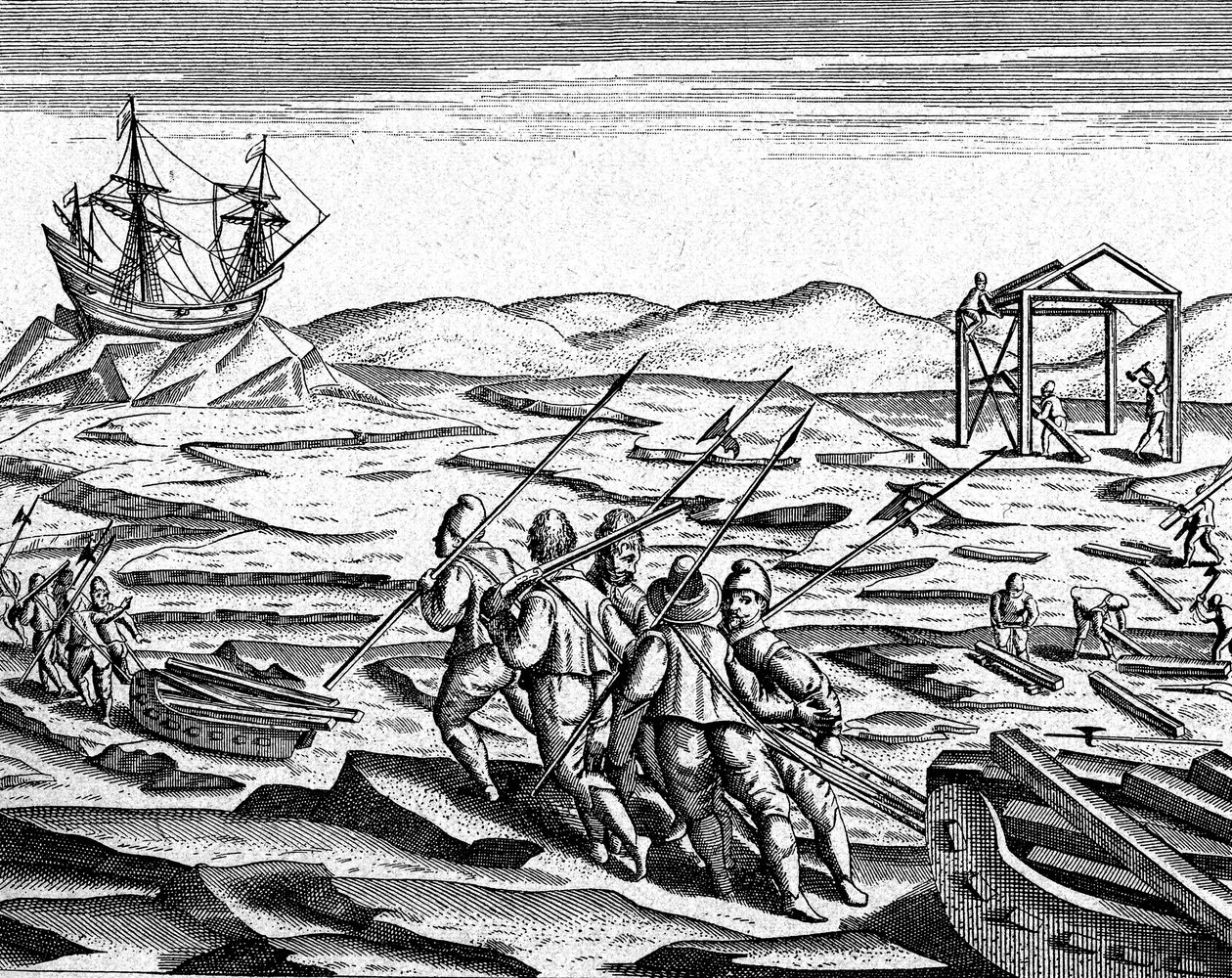 Byggande av ett hus för vintern på Nordpolen, ca 1600 (gravyr) av Theodor de Bry