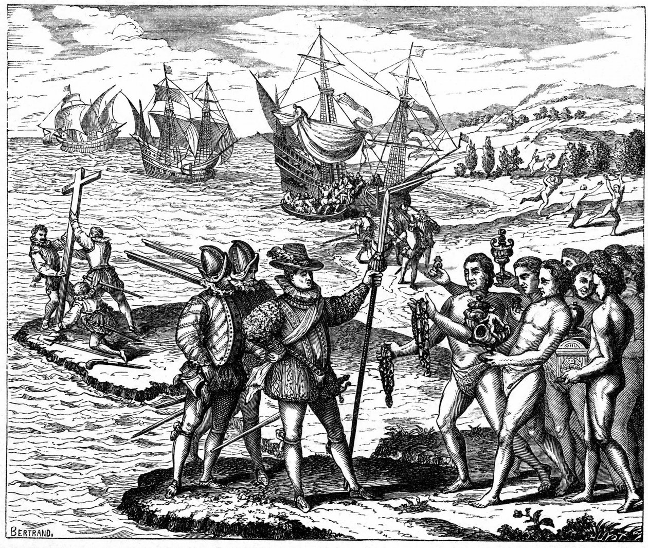 Christopher Columbus (1451-1506) genuesisk upptäcktsresande, upptäcker Amerika - 12 maj 1492. Från gravyr av Theodore de Bry 1590. av Theodor de Bry