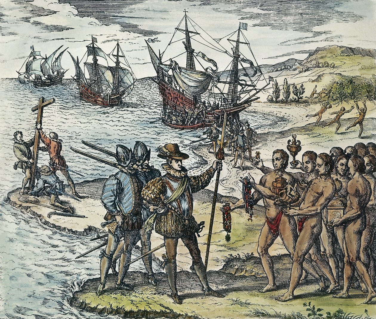 Columbus landar i Indien. 1594 (xylografi) av Theodor de Bry