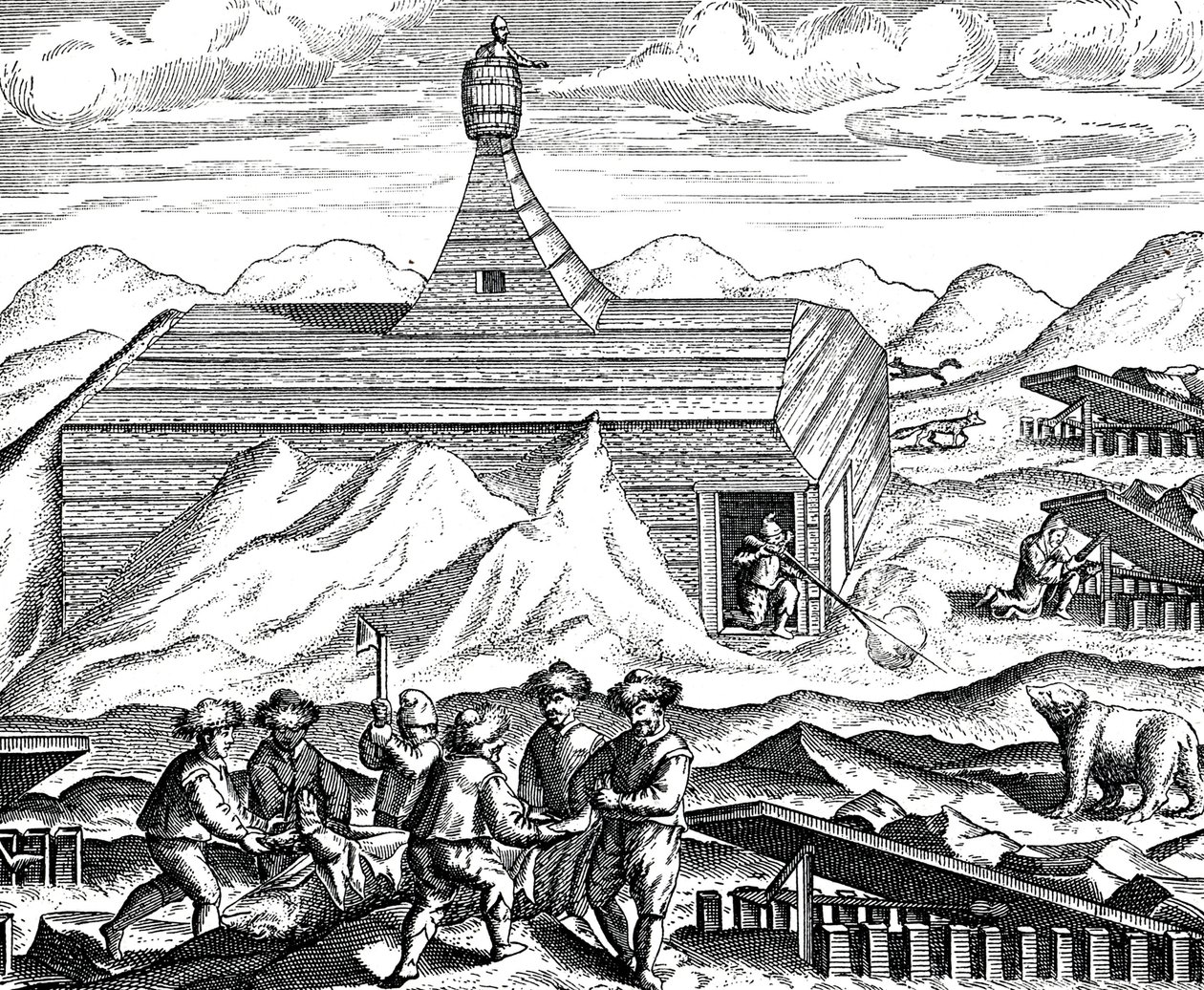 Stycka upp en björn på Nordpolen, ca 1600 (gravyr) av Theodor de Bry