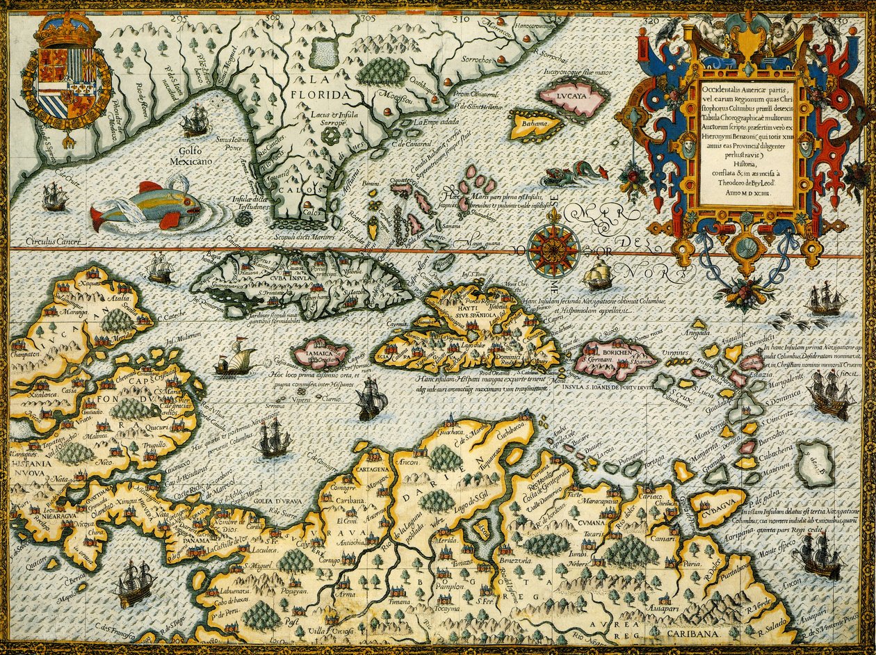 DeBry Karta över Karibien  Florida1594 av Theodor de Bry