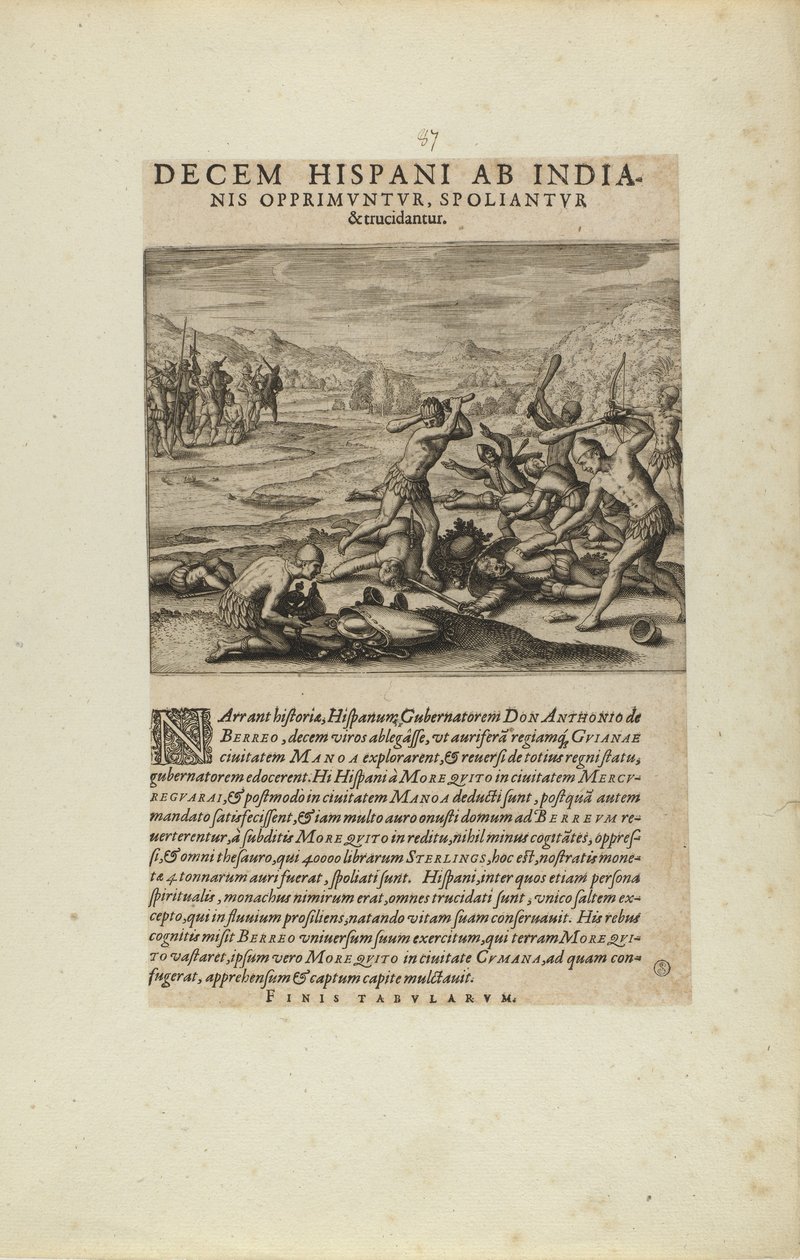 Decem Hispani ab India-/nis Opprimuntur, Spoliantur/and Trucidantur. (från boken Americae, del sju och åtta) av Theodor de Bry