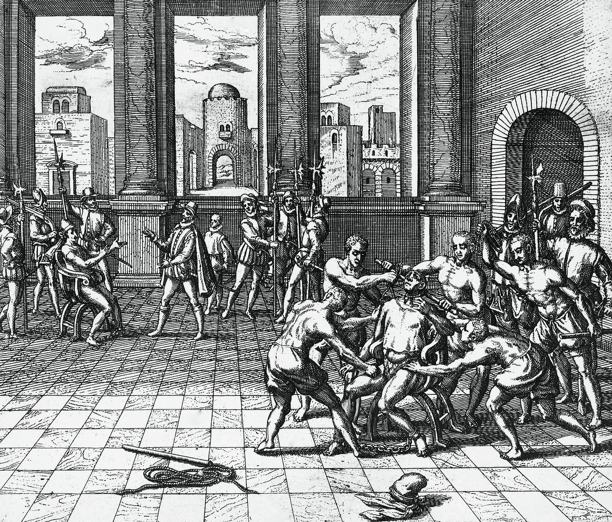 Inka-kejsaren Atahualpa bevakas av Pizarros trupper, 26 juli av Theodor de Bry