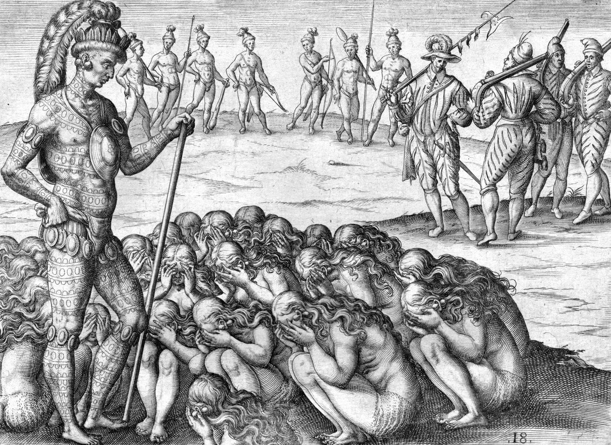 Indiska fångar saturiwa av indianer potano av Theodor de Bry