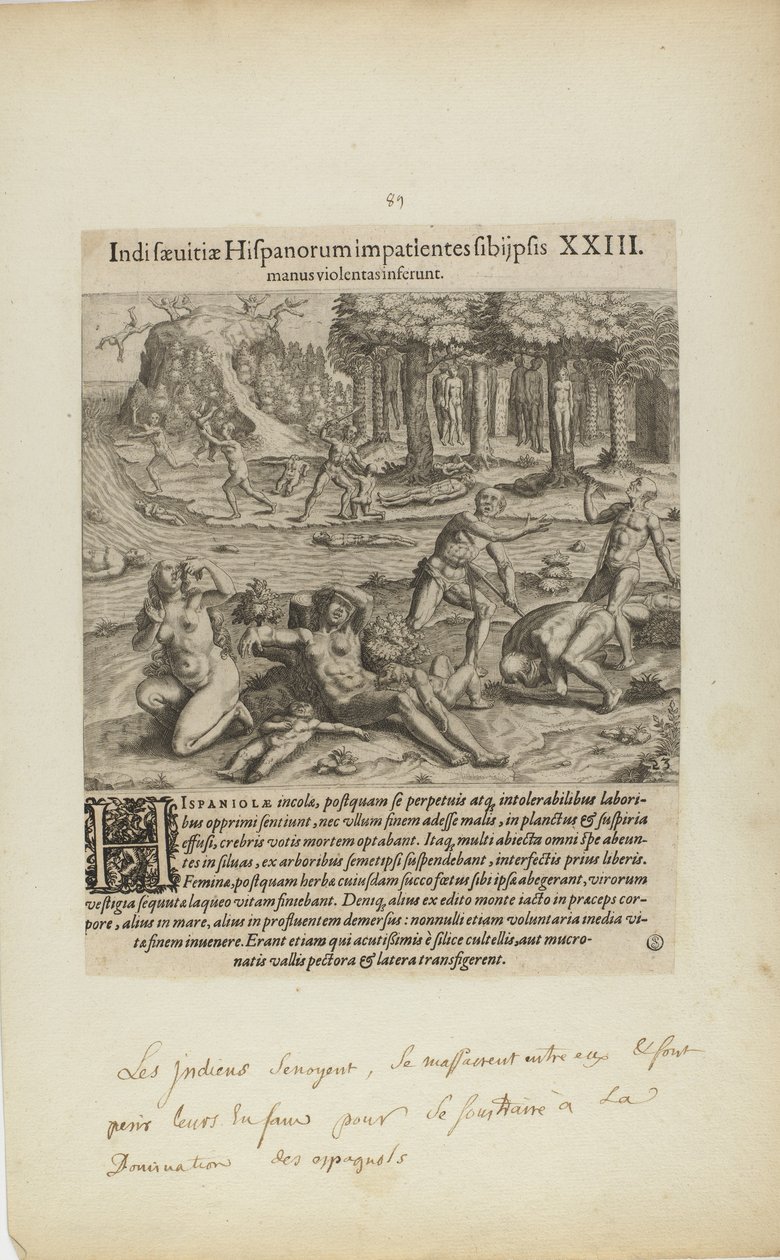 Indisaeuitiae Hispanorum Impatientes Sibi Psis/Manus Violentas Inserunt. XXIII. (från boken Americae, del fyra) av Theodor de Bry