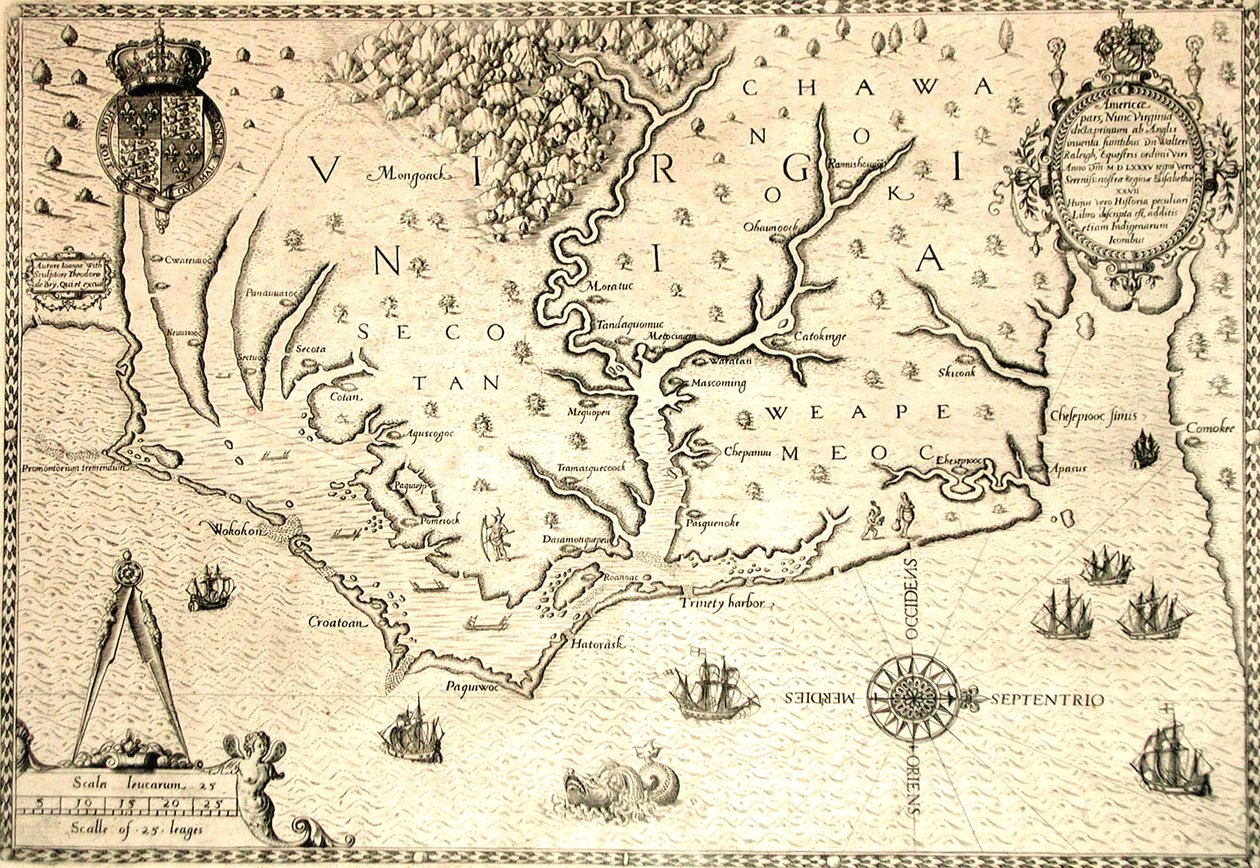 Karta över 1590 graverad av Theodore de Bry efter akvarell av den engelske kolonisten John White, guvernör i Roanoke. Virginia och kusten med små öar och Roanoke vid flodens mynning. Secotan och Weapemeocs hemländer. av Theodor de Bry