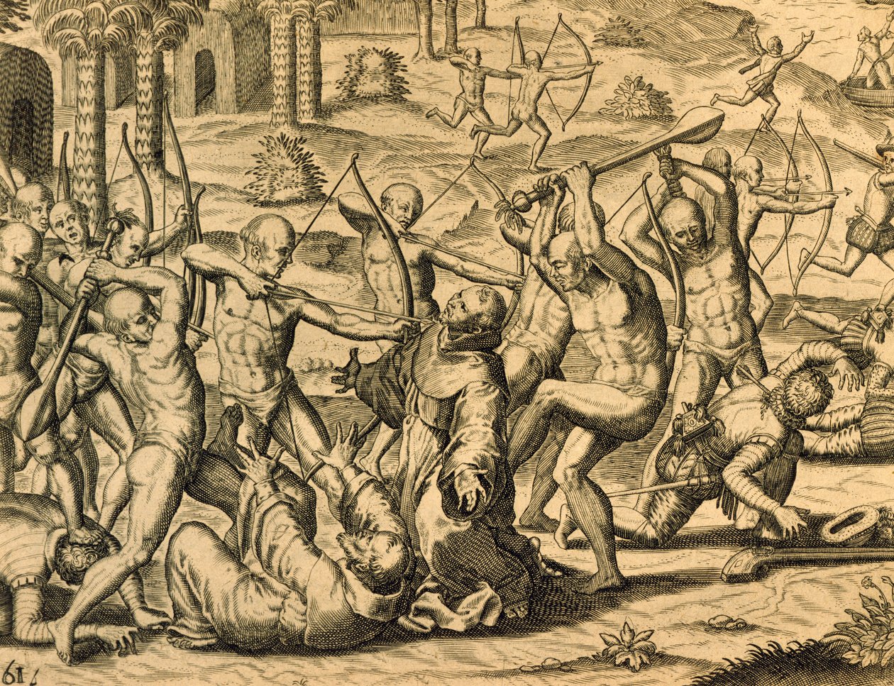 Martyrium för missionärsmunkar i Sydamerika, gravyr från Historia americae, av Theodor de Bry (1528-1598), Frankfurt av Theodor de Bry