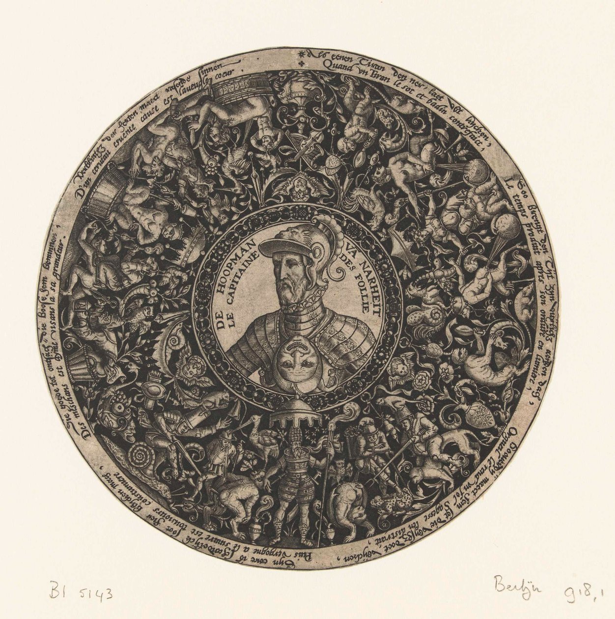 Medaljong med byst av Dårskapens kapten, Theodor de Bry, ca 1577 - ca 1578 av Theodor de Bry