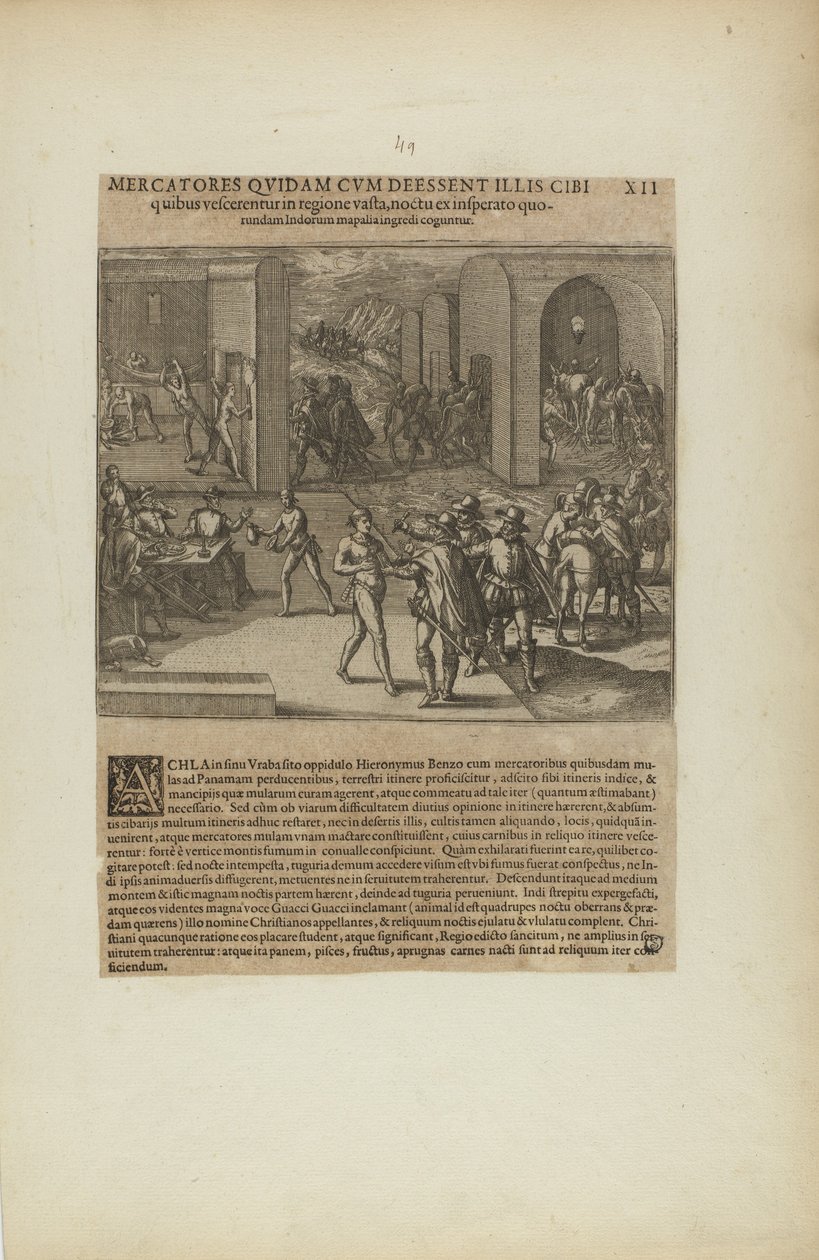 Mercatores Quidam cum Deessent Illis Cibi/Quibus Vescerentur in.... (från boken Americae, del fem) av Theodor de Bry