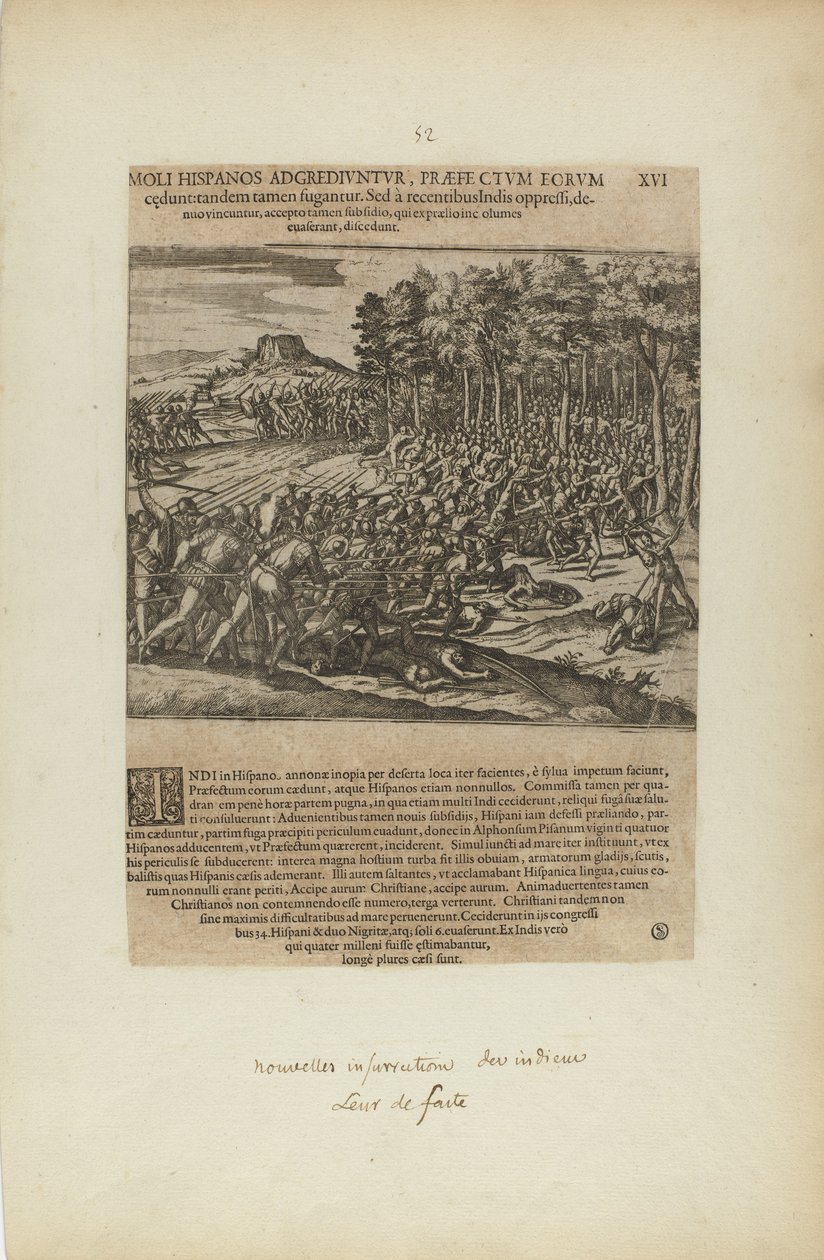 Moli Hispanos Adgrediuntur, Praefe Ctum Eorum/Cedunt: Tandeum.... (från boken Americae, del fem) av Theodor de Bry
