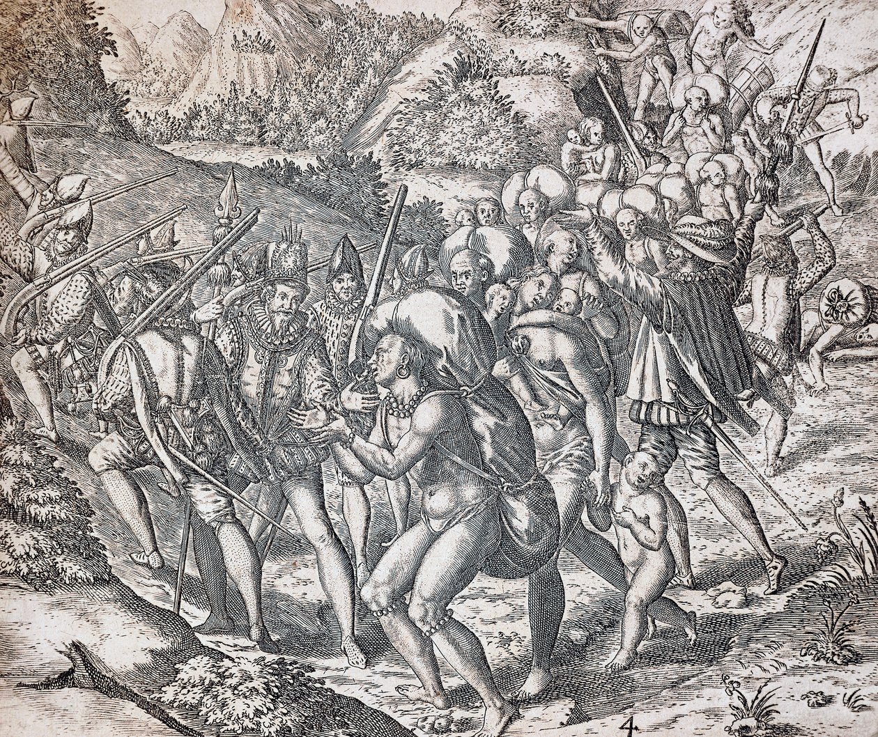 Infödda som bordas på fartyg för att föras till slaveri i Sevilla, gravyr av Theodor de Bry (1528-1598), Antillerna av Theodor de Bry