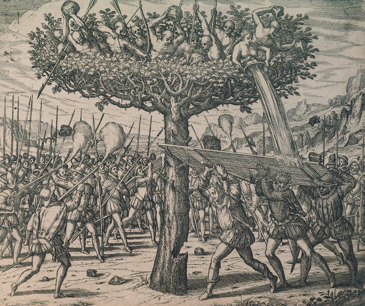 Infödda gömmer sig i träden och slåss mot erövrarna av Theodor de Bry