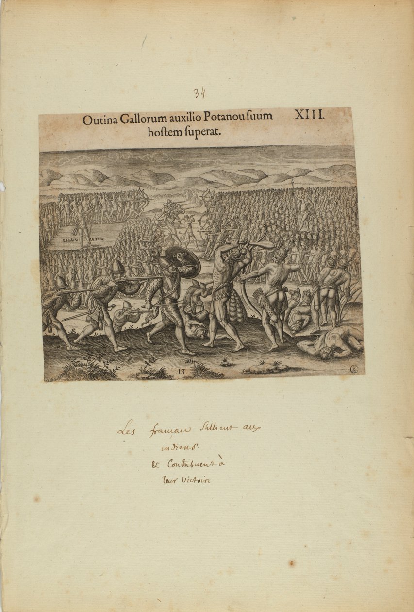 Outina Gallorum Auxilio Potanou Suum Hostem Superat. XIII. (från boken Americae, del två) av Theodor de Bry