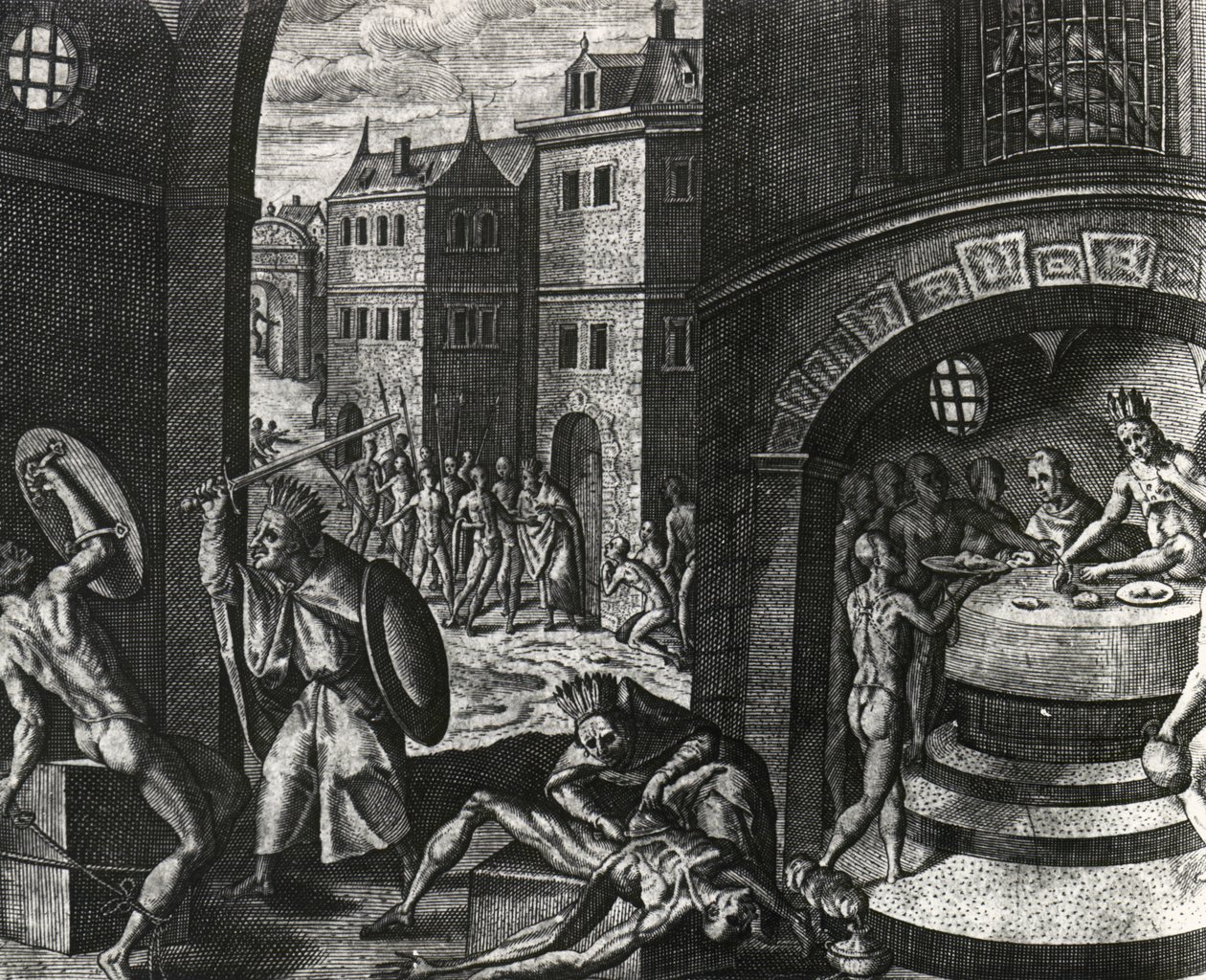 Präst dödar offer för falskt slagsmål och flår sedan kroppen, Mexiko, gravyr från Peregrinationes, av Theodor de Bry (1528-1598), Centralamerika av Theodor de Bry
