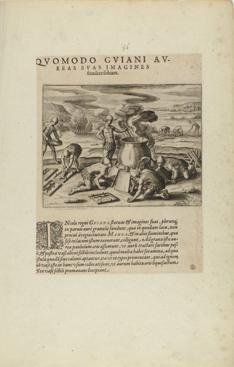 Quomodo Guiani Au-/reas Suas Imagines/Fundere Soleant. (från boken Americae, del sju och åtta) av Theodor de Bry