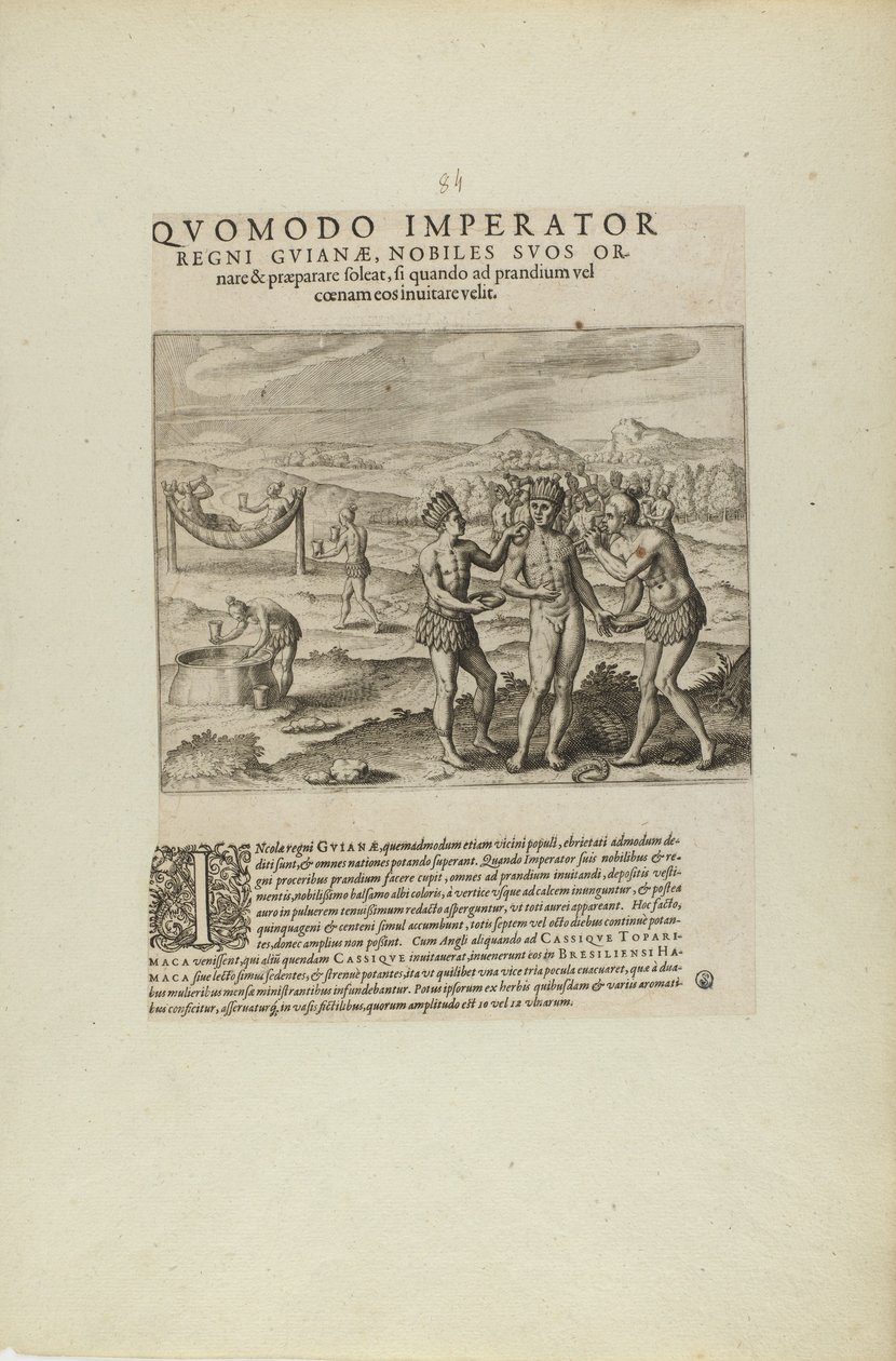 Quomodo Imperator/Regni Guianae, Nobiles Suos Or-/Nare.... (från boken Americae, del sju och åtta) av Theodor de Bry