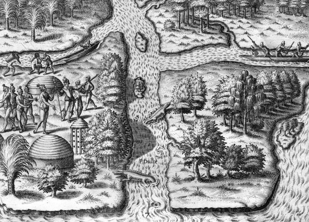 Den franska expeditionen baserad i Charlesfort, Parris Island av Theodor de Bry