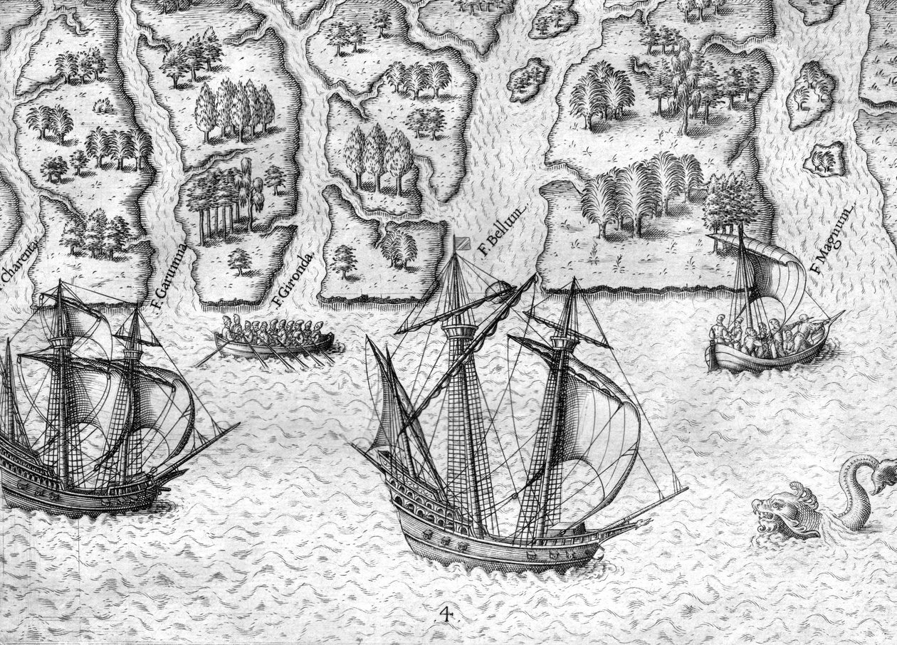 Fransmännen utforskar sex floder vid Floridas kust av Theodor de Bry