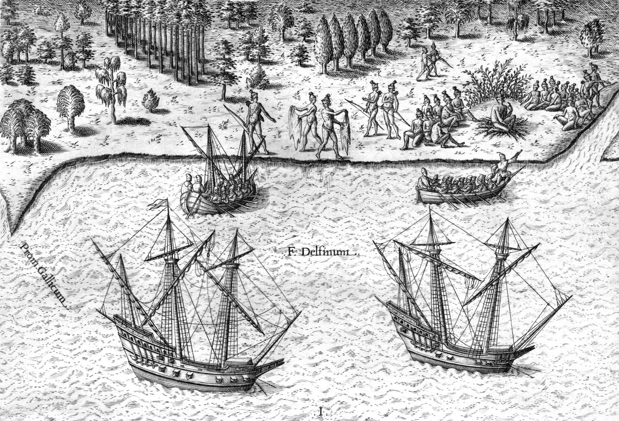 Fransmännen landstiger på Floridas kust av Theodor de Bry
