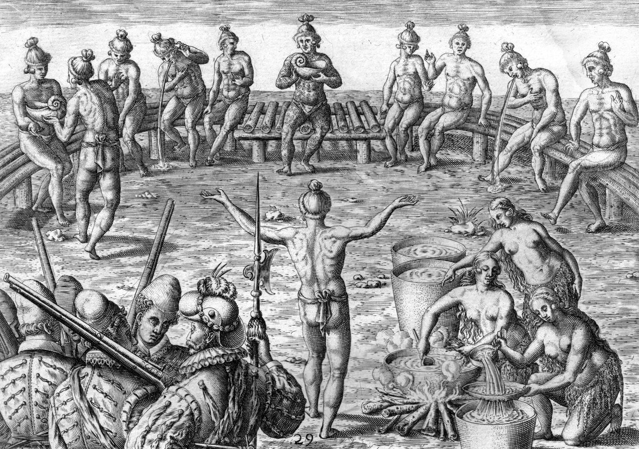 Timucua-indian med franska upptäcktsresande av Theodor de Bry
