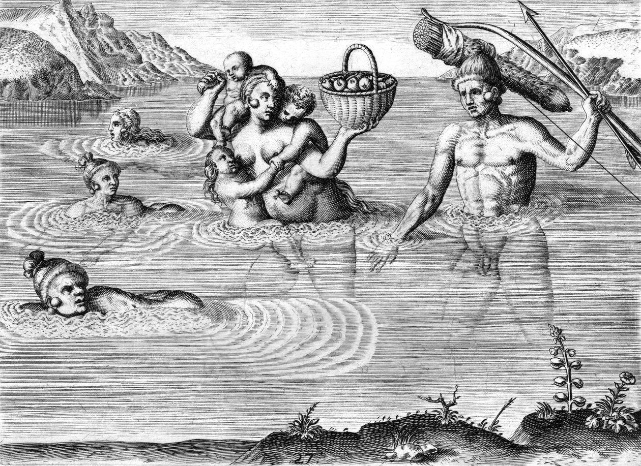 Familj från Timucuan-indianer korsar en flod av Theodor de Bry