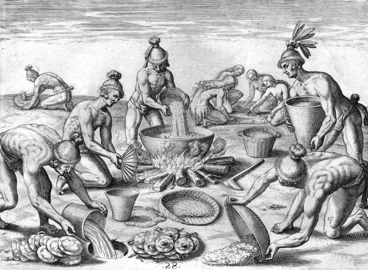 Timucuan-indianer förbereder en festmåltid av Theodor de Bry