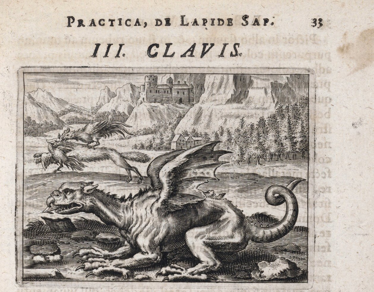 En drake, i bakgrunden, en hönsstjäl varg, attackerad av en tupp - Gravyr av Theodore de Bry (1528-1598), för alkemiavhandlingen ""Tripus avreus, hoc est, Tres tractatus chymici selectissimi" " av Michael Maier (1569-1622) av Theodor de Bry