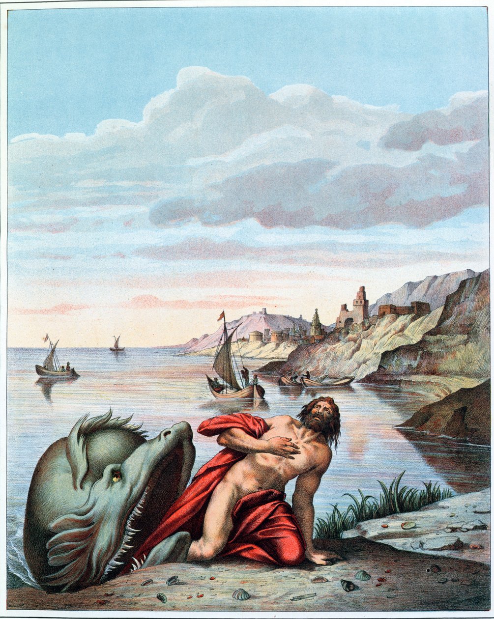 Jonah utkastad av valen på stranden, graverad av Eugene Ronjat av Theodore Amst