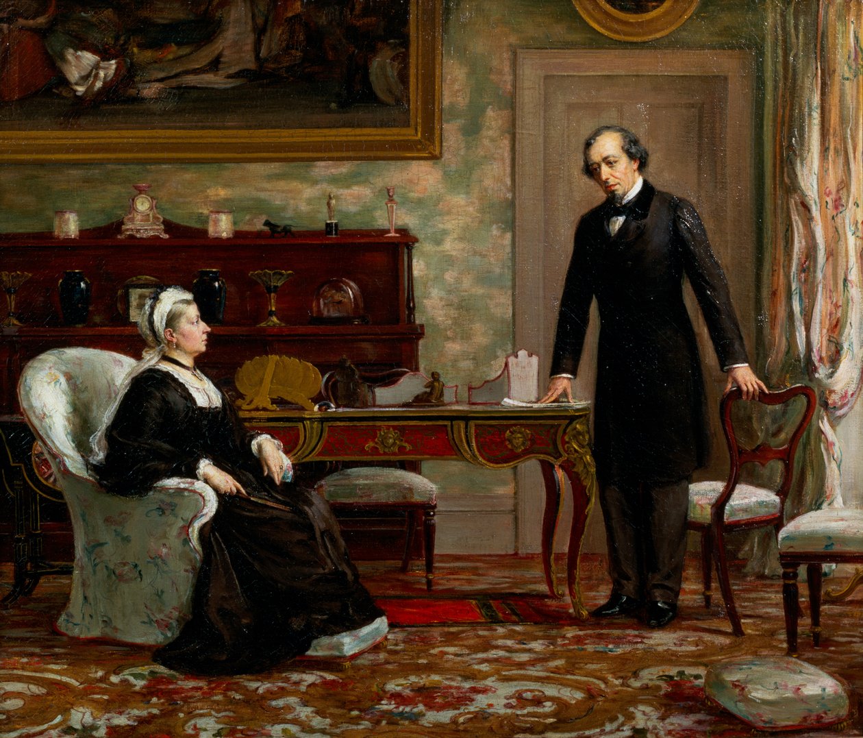 Peace with Honor - Drottning Victoria (1819-1901) med Benjamin Disraeli (1804-81) efter undertecknandet av Berlinfördraget 1878 av Theodore Blake Wirgman