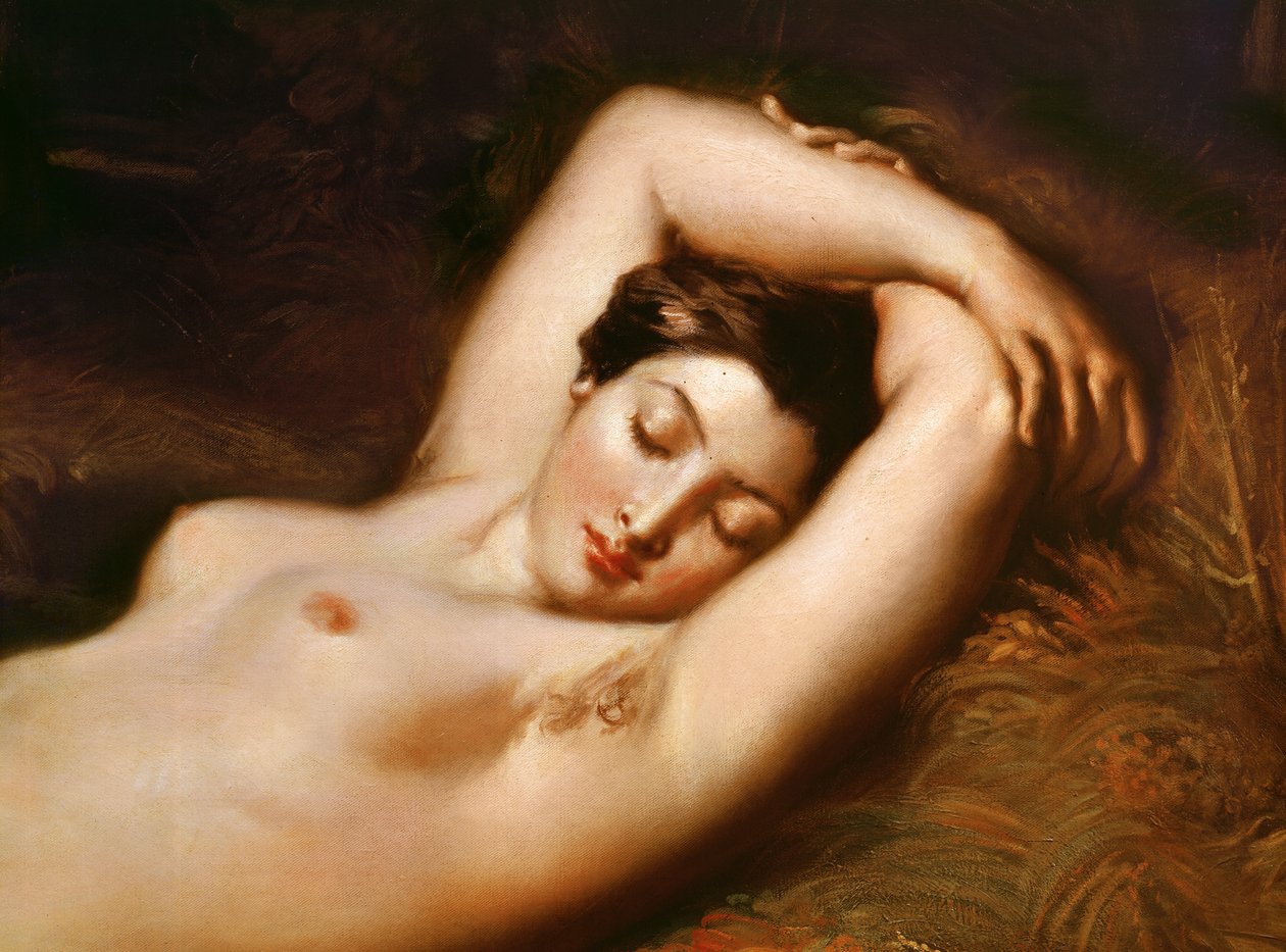 Den sovande nymfen, detalj av huvudet, 1850 olja på duk av Théodore Chassériau