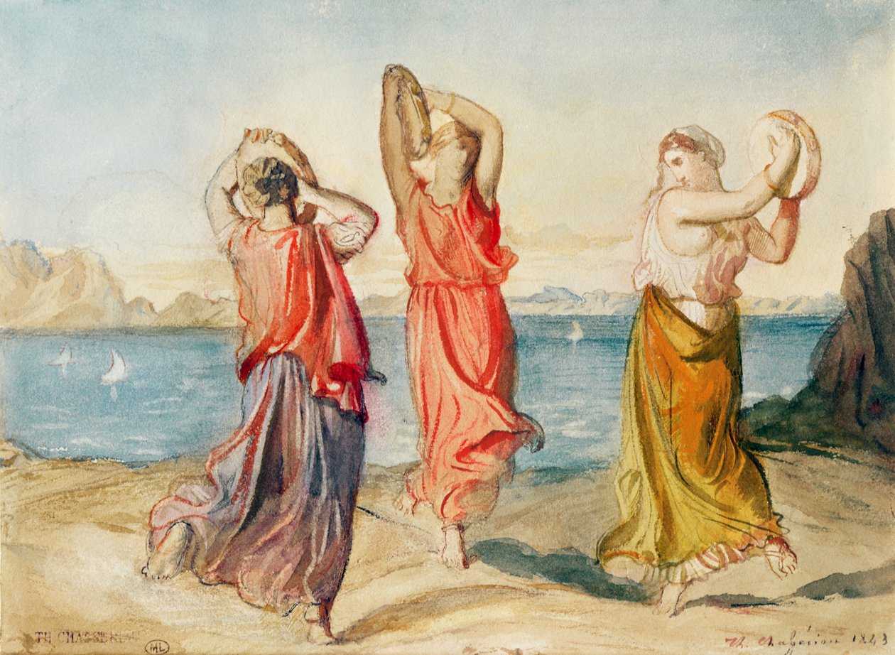 Three Tambourine Dancers, 1843 (penna och akvarelltvätt på papper) av Théodore Chassériau